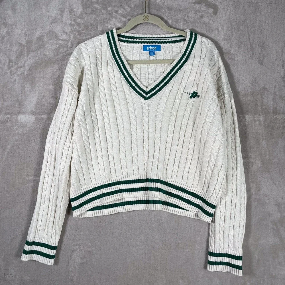 Prince Pickleball Womens Sweater Cable Knit Tennis Preppy V Neck XXL White/Green
